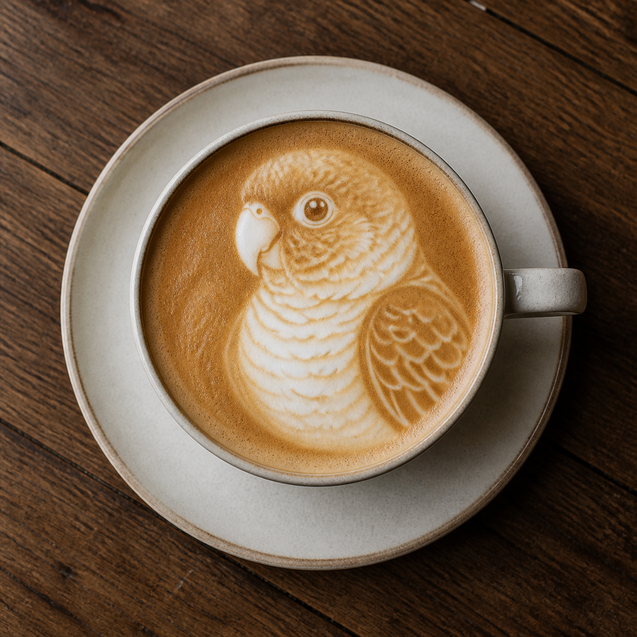 ウロコインコの姿を泡で描いたカフェラテ