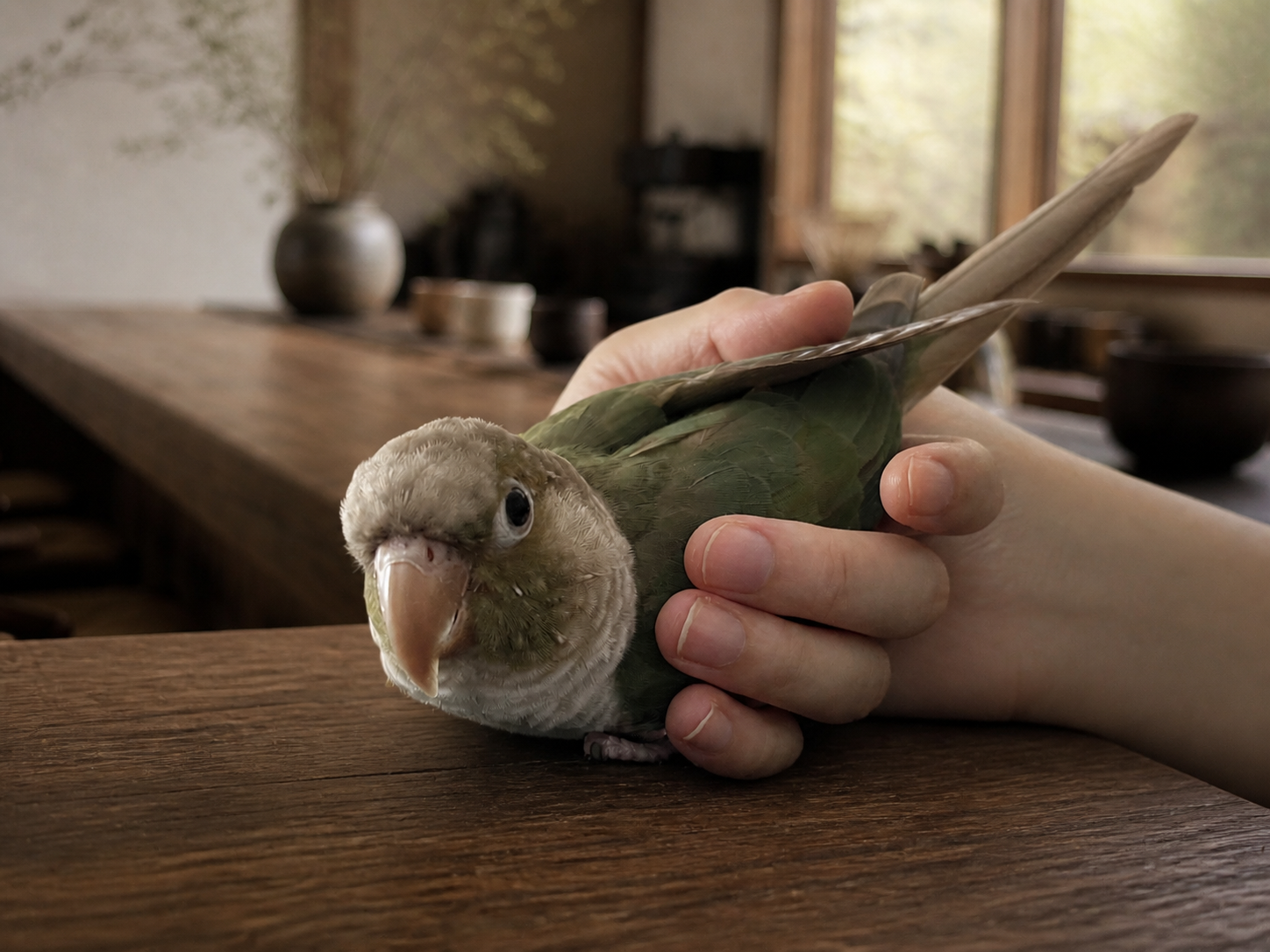 カフェの木のカウンターで手に包まれてくつろぐこまち