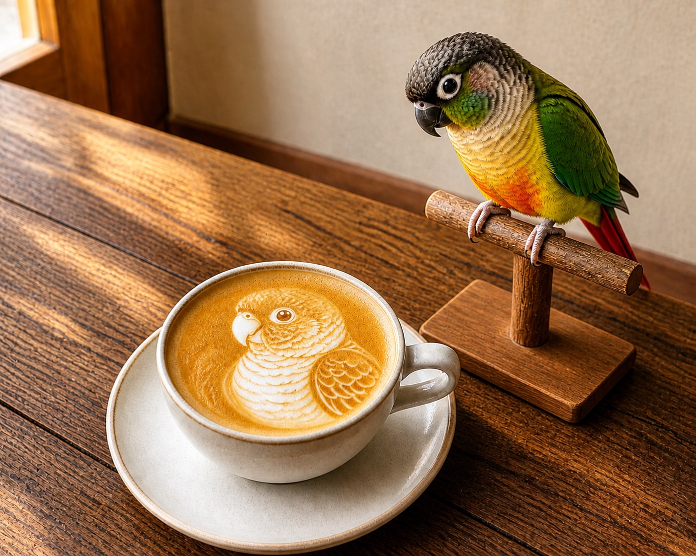 斜め上から見たウロコインコのラテアートと、隣の止まり木から覗き込むピヨ吉